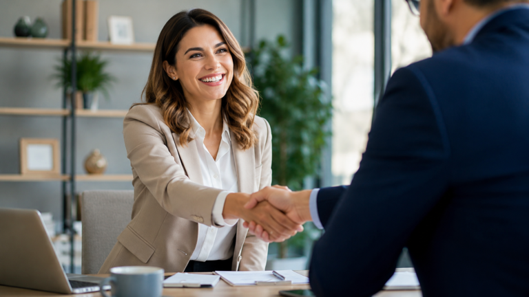 A job applicant shaking hands with an interviewer during a successful interview in a modern office environment.