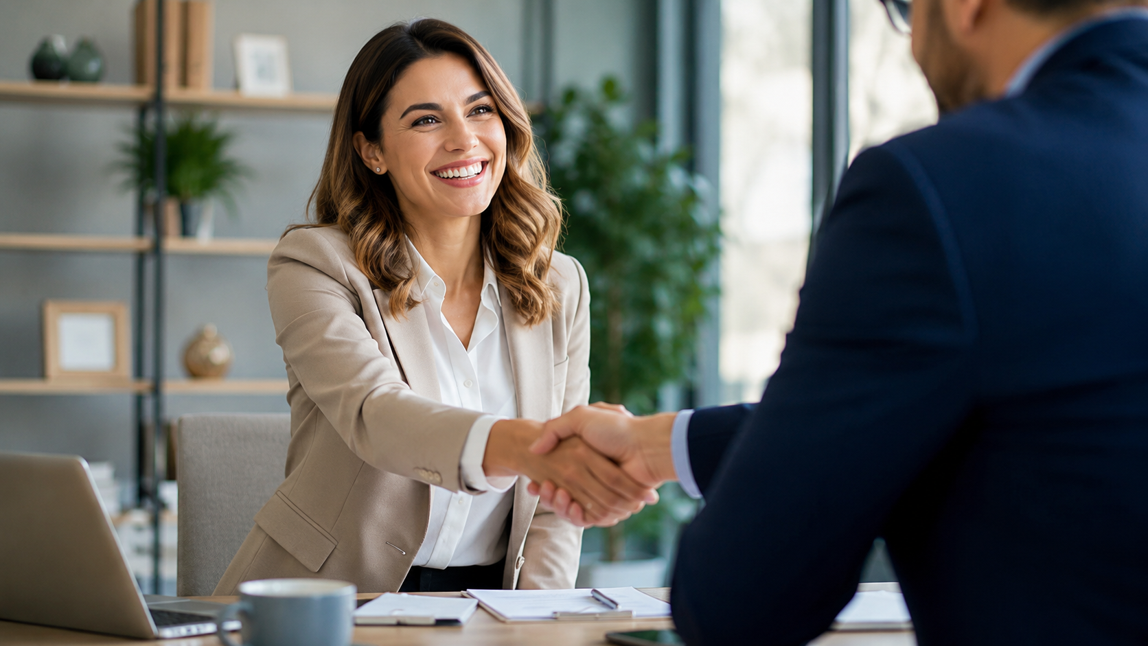 A job applicant shaking hands with an interviewer during a successful interview in a modern office environment.