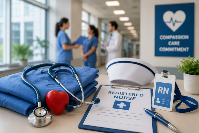 Registered Nurse workspace with scrubs, stethoscope, RN identification badge, clipboard, and medical equipment inside a modern hospital corridor.