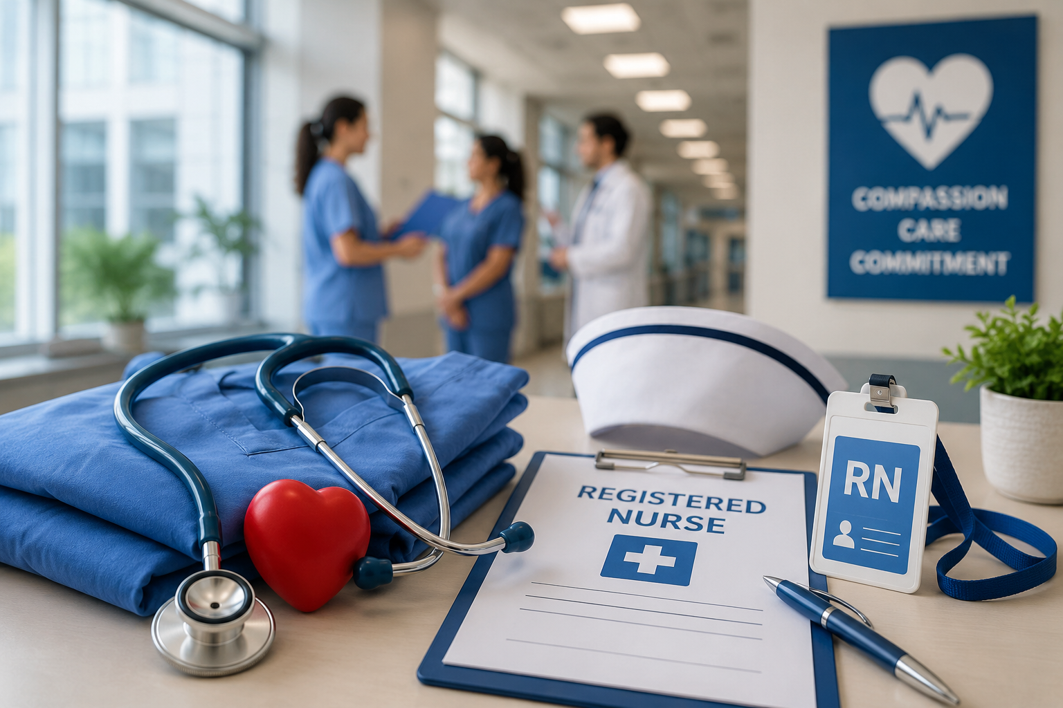 Registered Nurse workspace with scrubs, stethoscope, RN identification badge, clipboard, and medical equipment inside a modern hospital corridor.