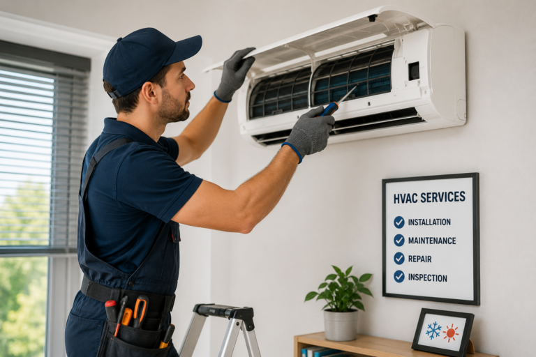 HVAC technician servicing a wall-mounted air conditioning unit