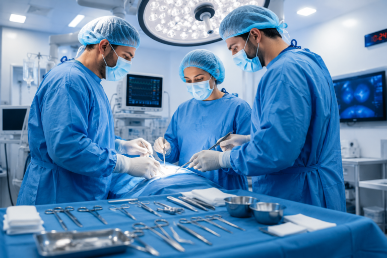 Surgical tech team working with medical instruments in an operating room