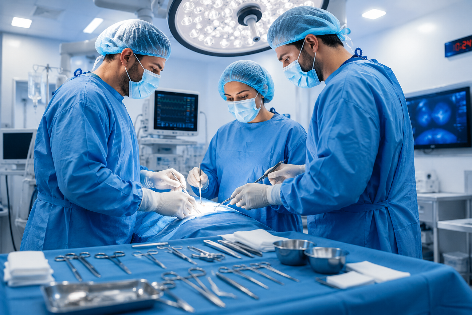 Surgical tech team working with medical instruments in an operating room