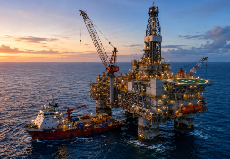 Offshore oil platform with a supply vessel operating in the ocean