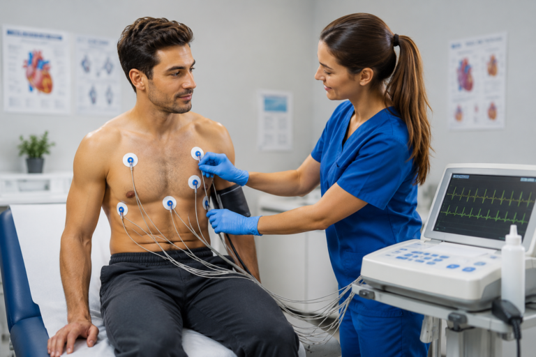 EKG technician performing an electrocardiogram test on a patient