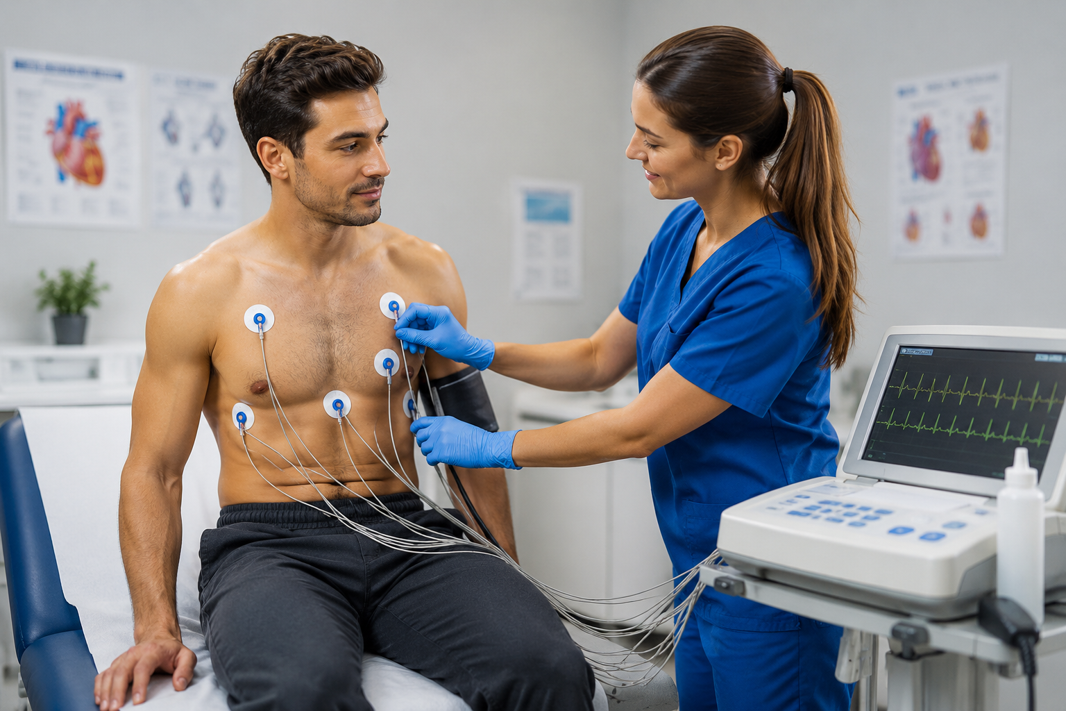 EKG technician performing an electrocardiogram test on a patient