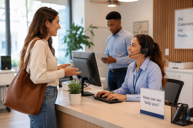 Customer service representative helping a customer at a reception desk