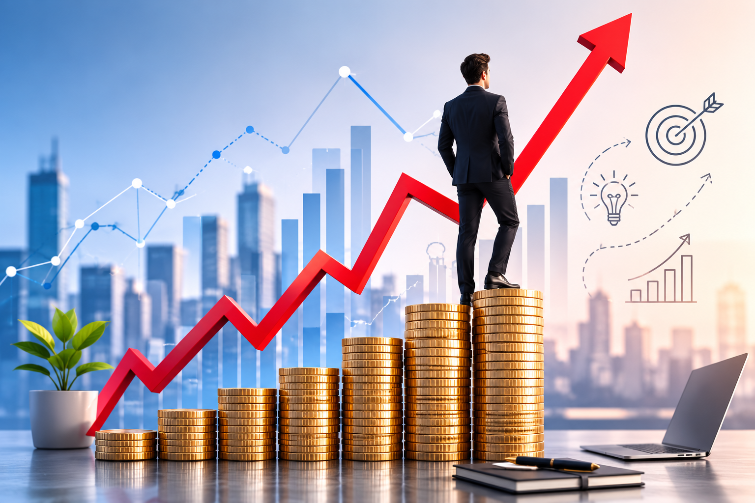 Business professional standing on stacked gold coins with a rising financial graph representing growth, investment success, and business expansion.