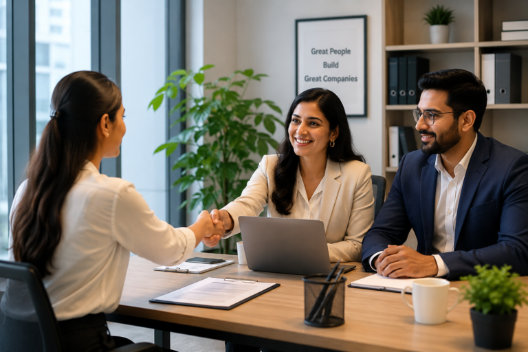 A job candidate shakes hands with interviewers during a professional office interview, representing recruitment and career opportunities.