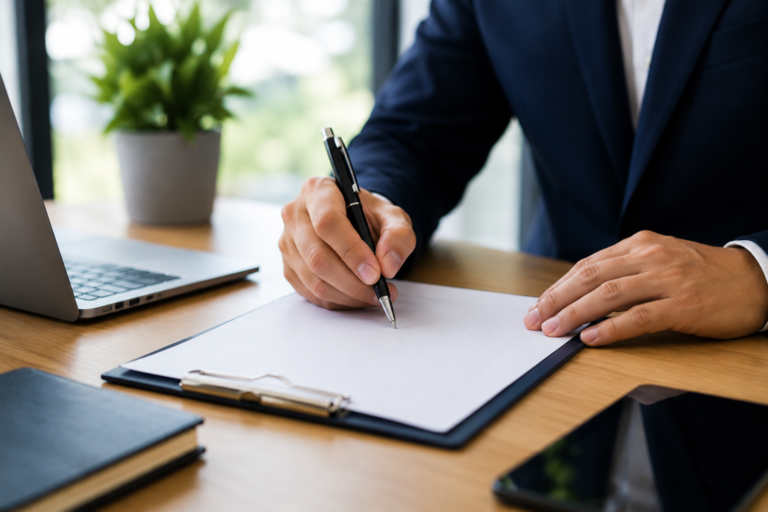 Person signing an agreement letter on a clipboard with a pen in a professional office workspace.