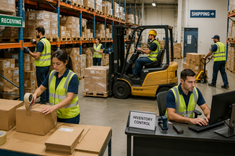 Warehouse workers performing different roles including packing, inventory control, forklift operation, shipping, and order picking in a modern warehouse.