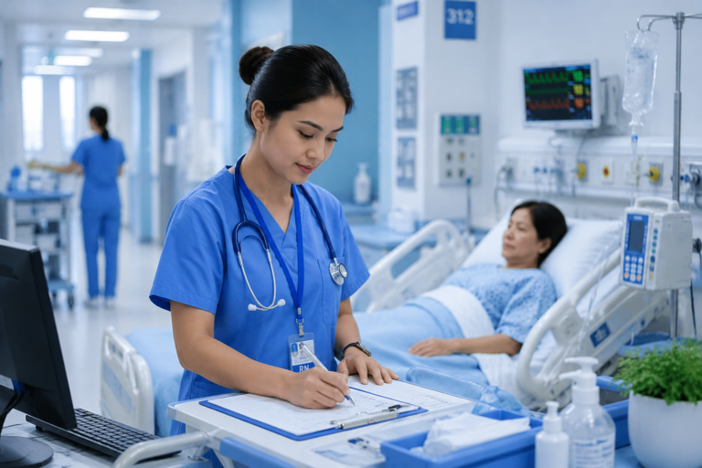 Professional registered nurse monitoring a patient and updating medical records in a modern hospital ward.
