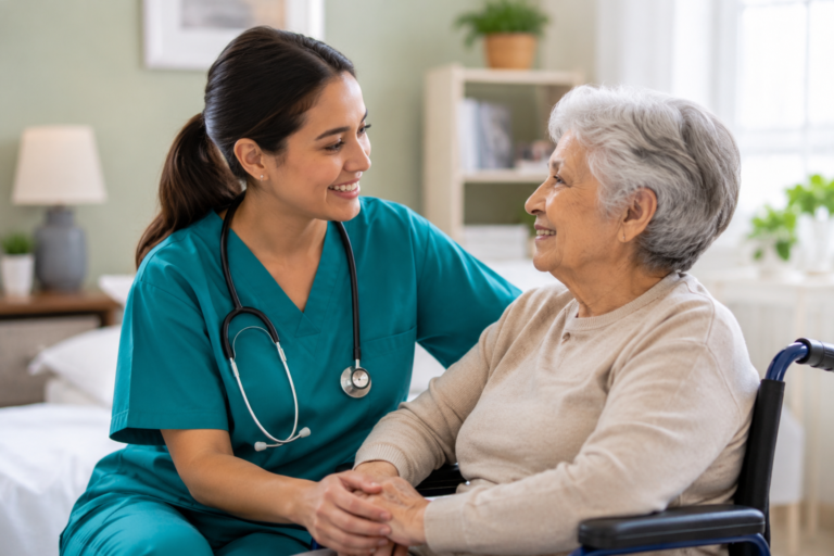 Certified Nursing Assistant providing compassionate care and emotional support to an elderly patient in a healthcare facility.
