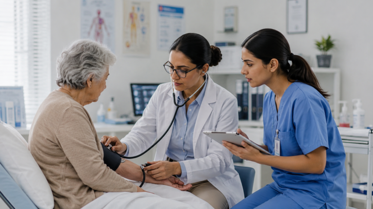 Medical assistant helping a senior doctor examine an elderly patient in a modern healthcare clinic while recording medical information.