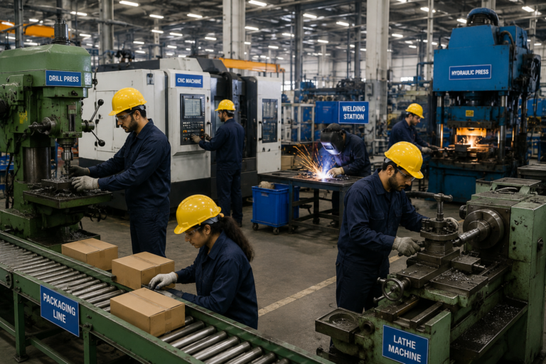 Factory workers operating different industrial machines, including CNC equipment, drill presses, lathes, welding stations, and packaging lines in a modern manufacturing facility.
