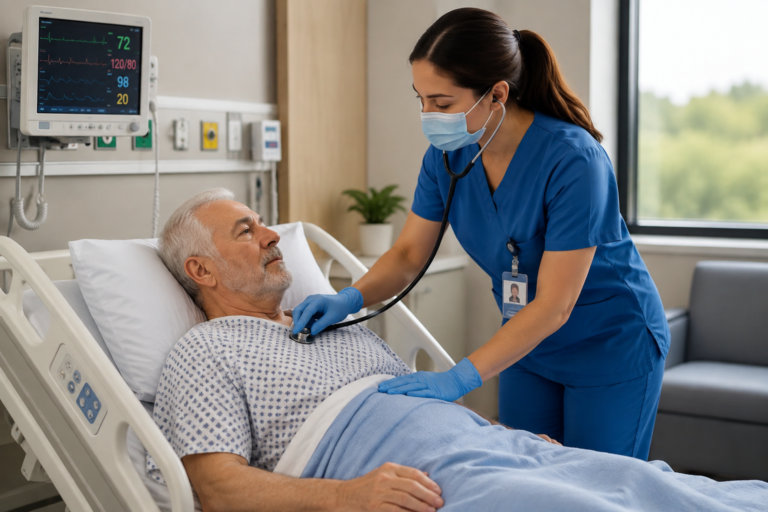 Patient care technician checking an elderly patient in a hospital bed