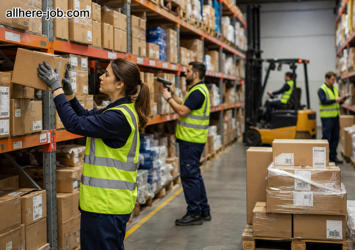 Warehouse workers handling and organising boxes in a facility while wearing safety vests.