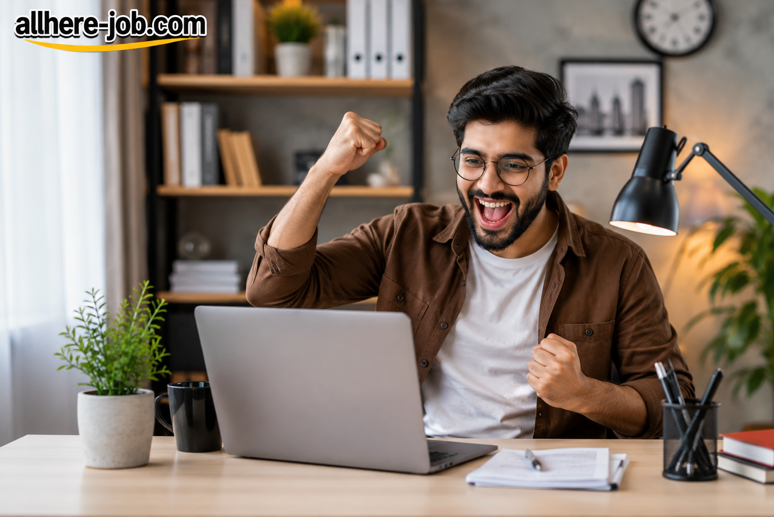 Man celebrating a successful remote work opportunity while using a laptop in a home office.