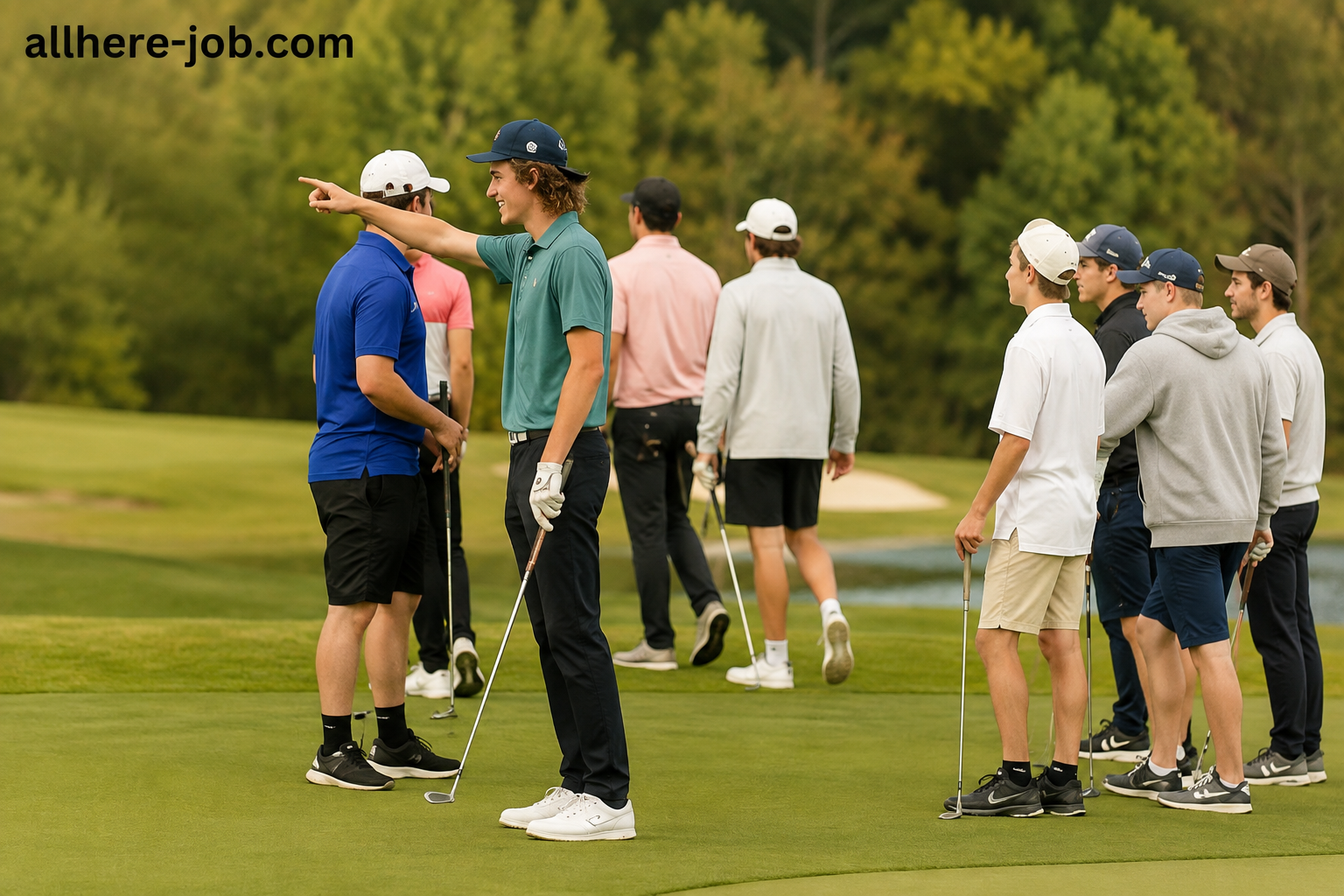 Group of golfers practicing and discussing shots on a sunny golf course