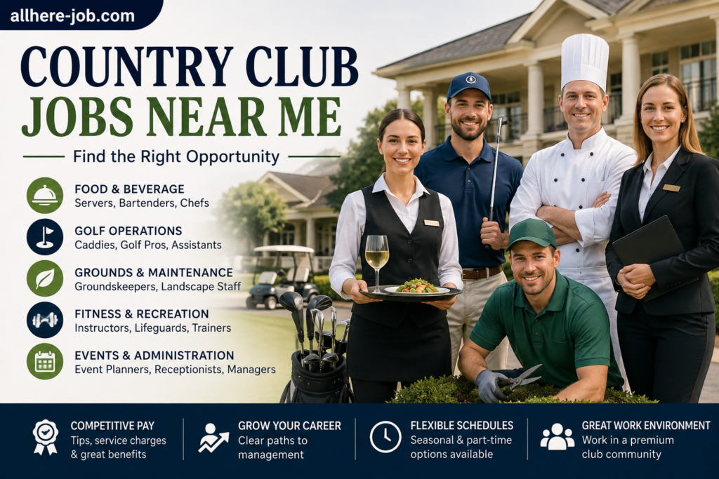 Country club jobs near me with golf, hospitality, culinary, groundskeeping, fitness, and administrative career opportunities