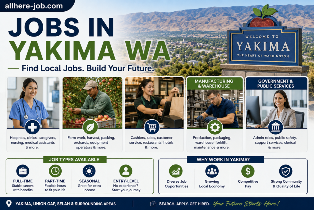 Jobs in Yakima WA featuring healthcare, agriculture, retail, manufacturing, warehouse, and government careers