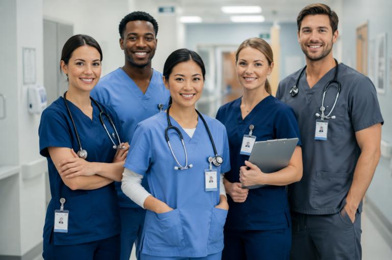 Diverse nurse staff team standing together in a hospital corridor