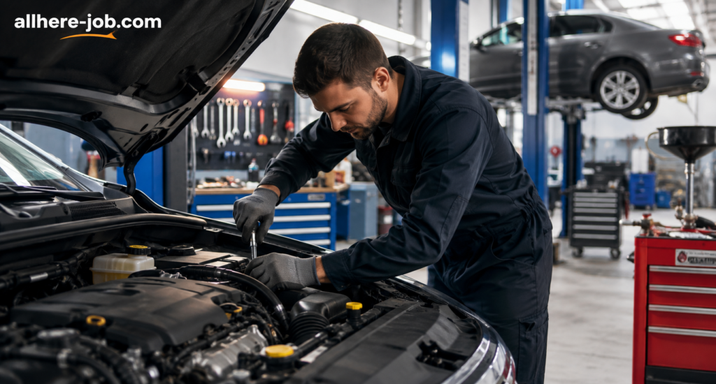 Automotive technician working on a vehicle engine in a professional auto repair shop