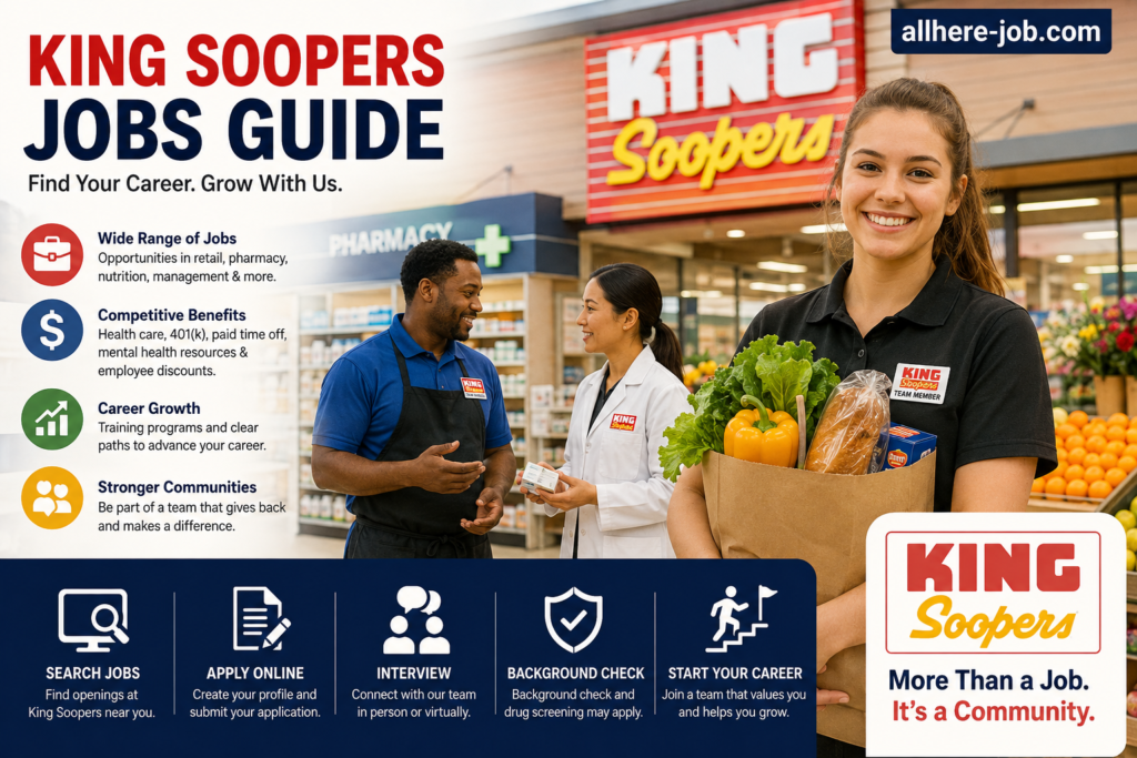 King Soopers jobs guide showing supermarket employees, career opportunities, benefits, and online application process