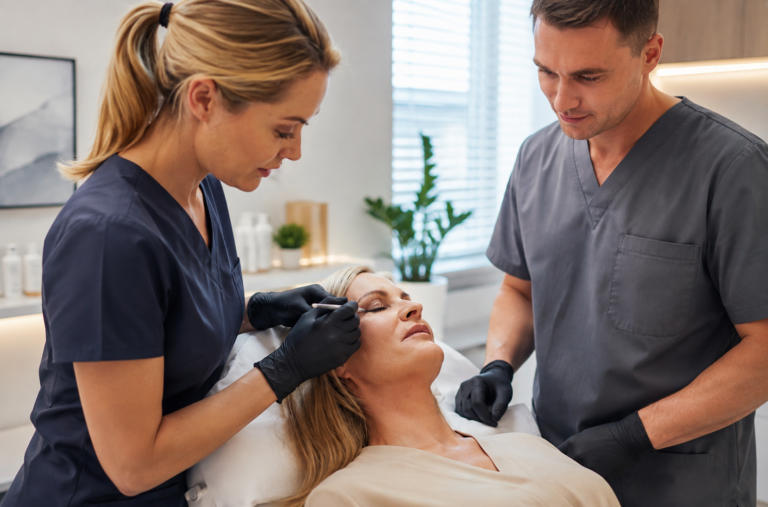 Physician assistants examining a patient in a clinical setting
