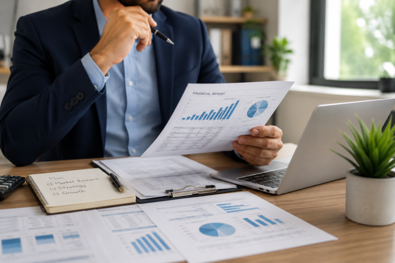 Finance professional reviewing financial documents and analysing financial data