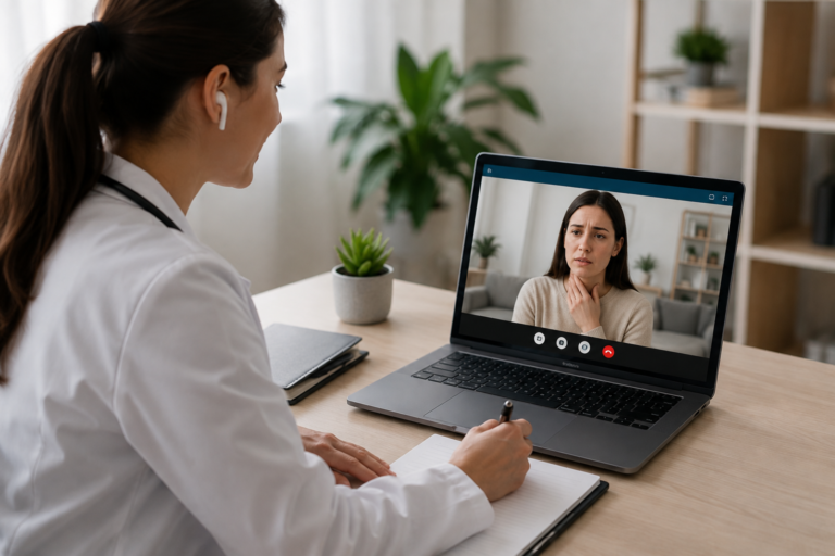 Nurse practitioner consulting with a patient online through a laptop