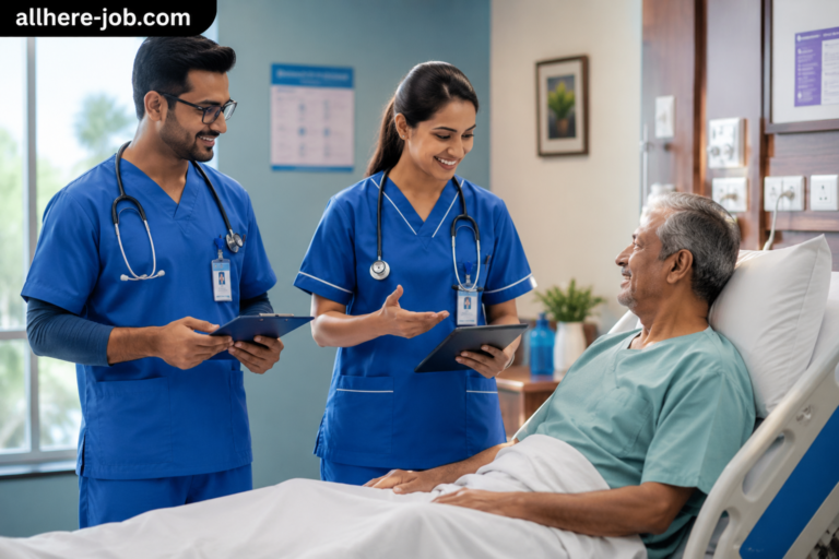Two registered nurses in blue scrubs caring for an elderly patient in a hospital bed