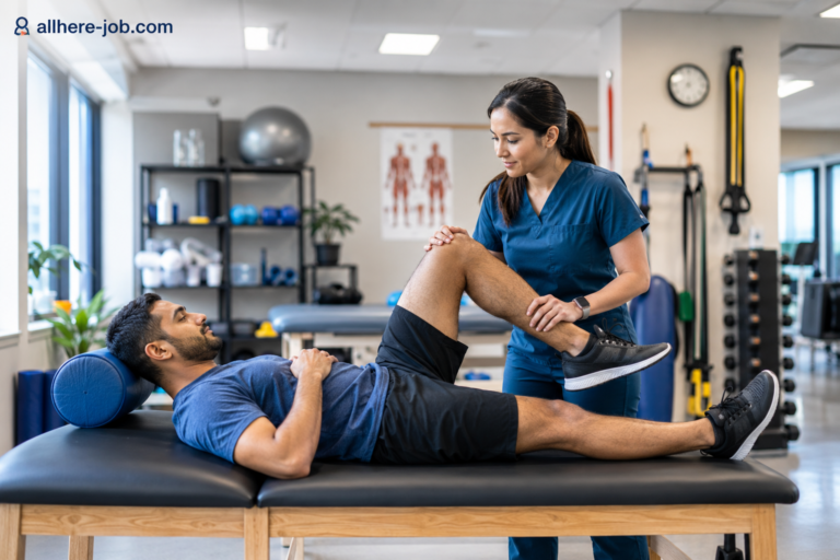 Physical therapist assisting a patient with a leg exercise in a rehabilitation clinic
