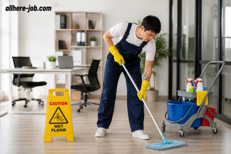 Janitor in protective clothing mopping the floor in a clean commercial building